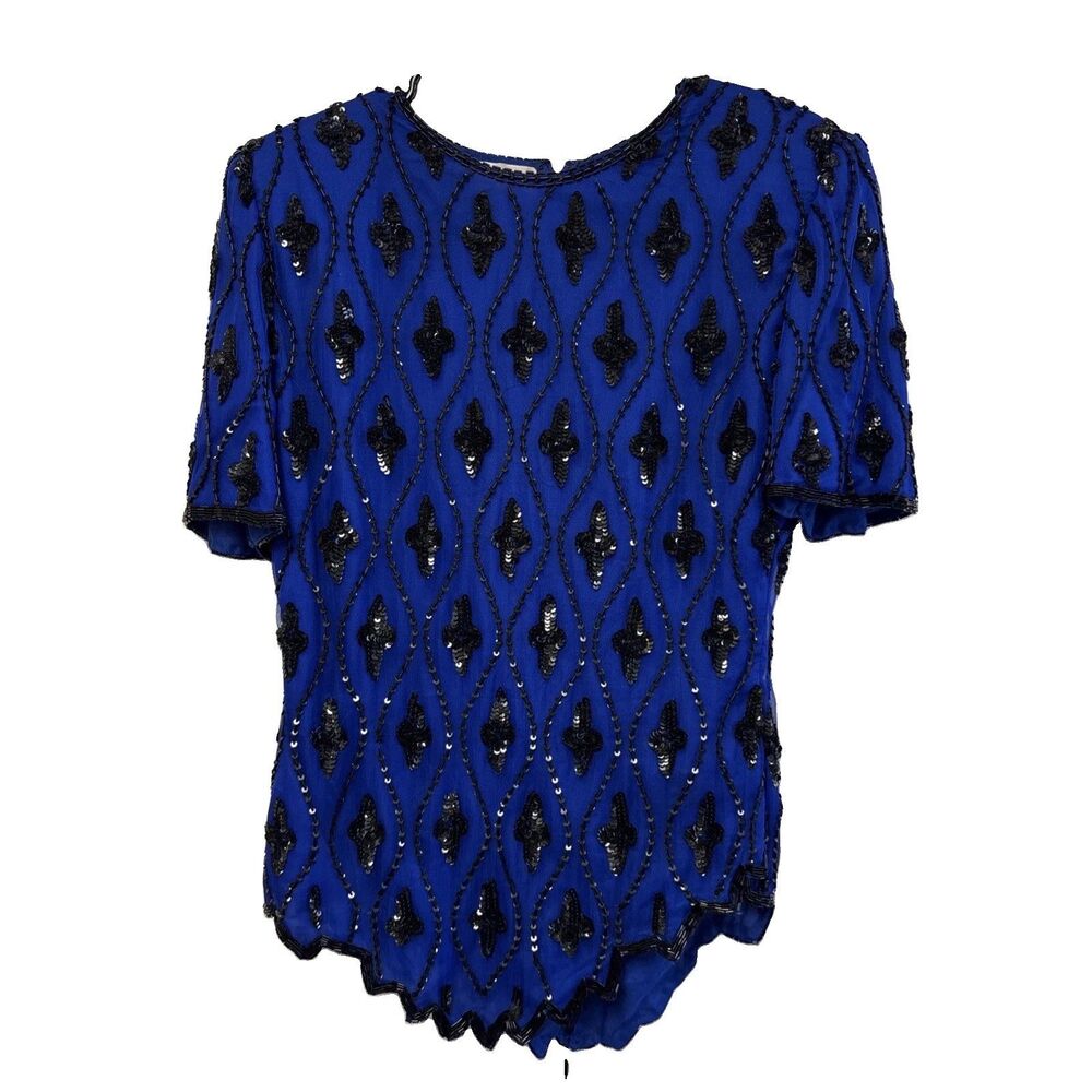 Laurence Kazar Blue Silk Blouse Black Beads Sequins S Zip Vintage Short Sleeve